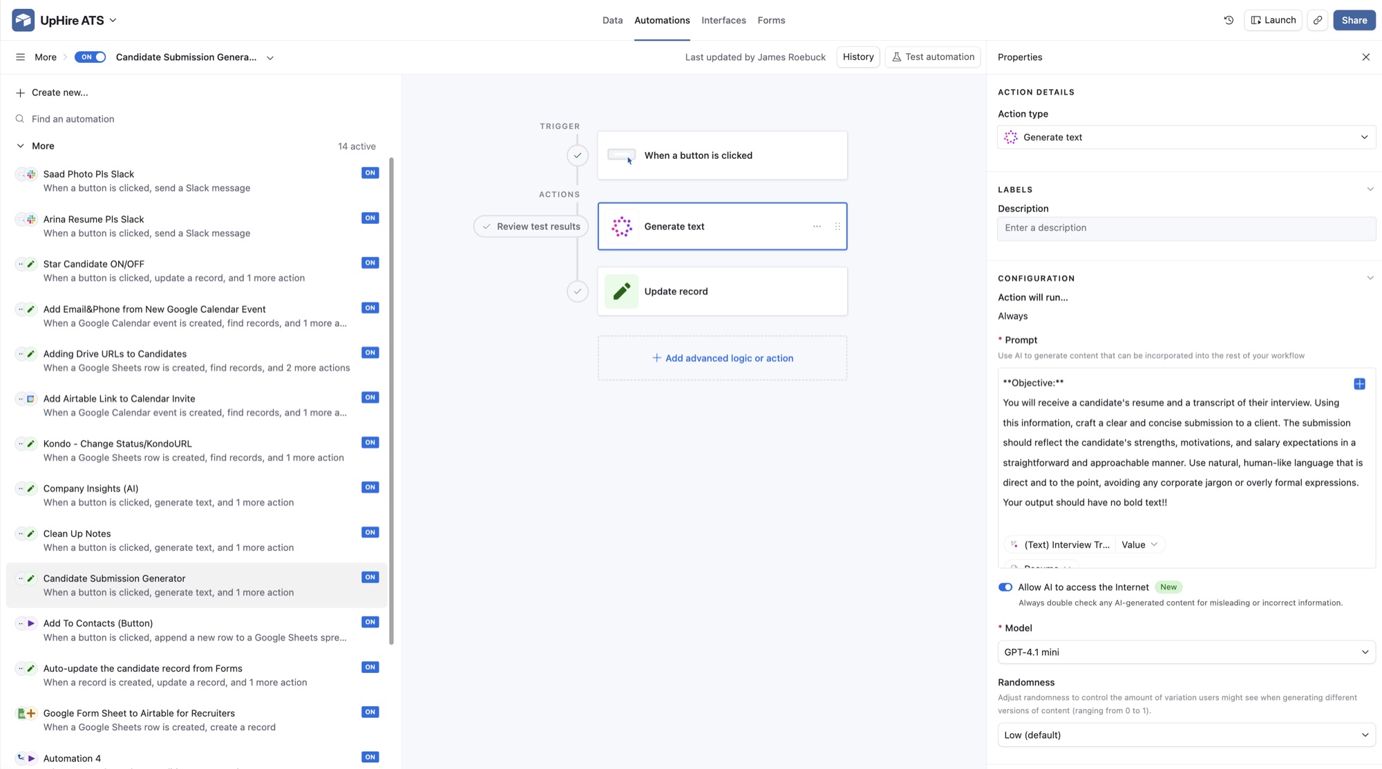 Airtable automations list with 14 active automations