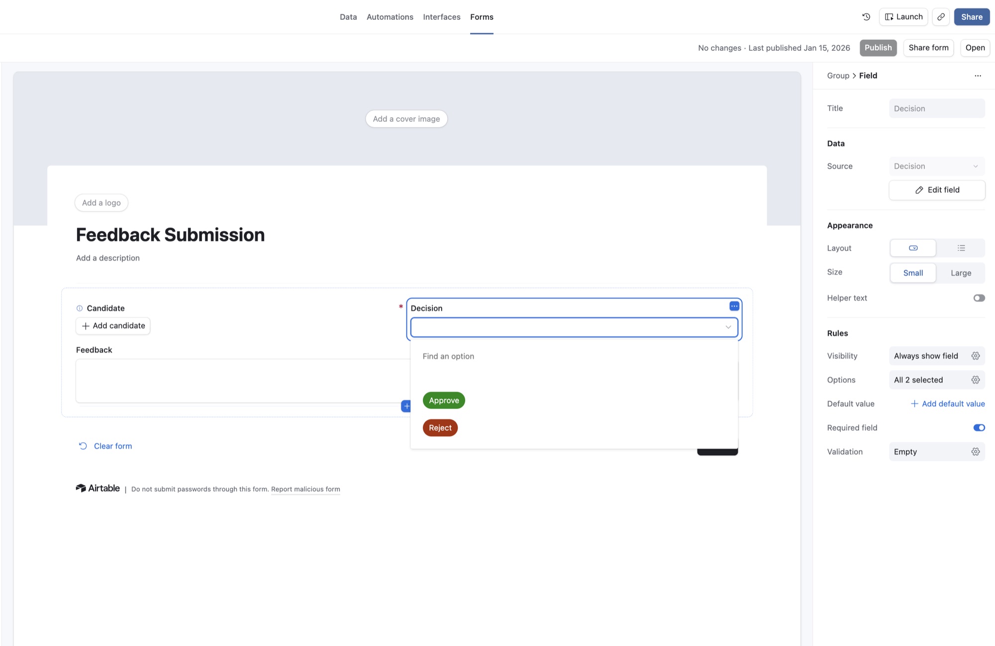 Airtable client feedback form with approve or reject decision