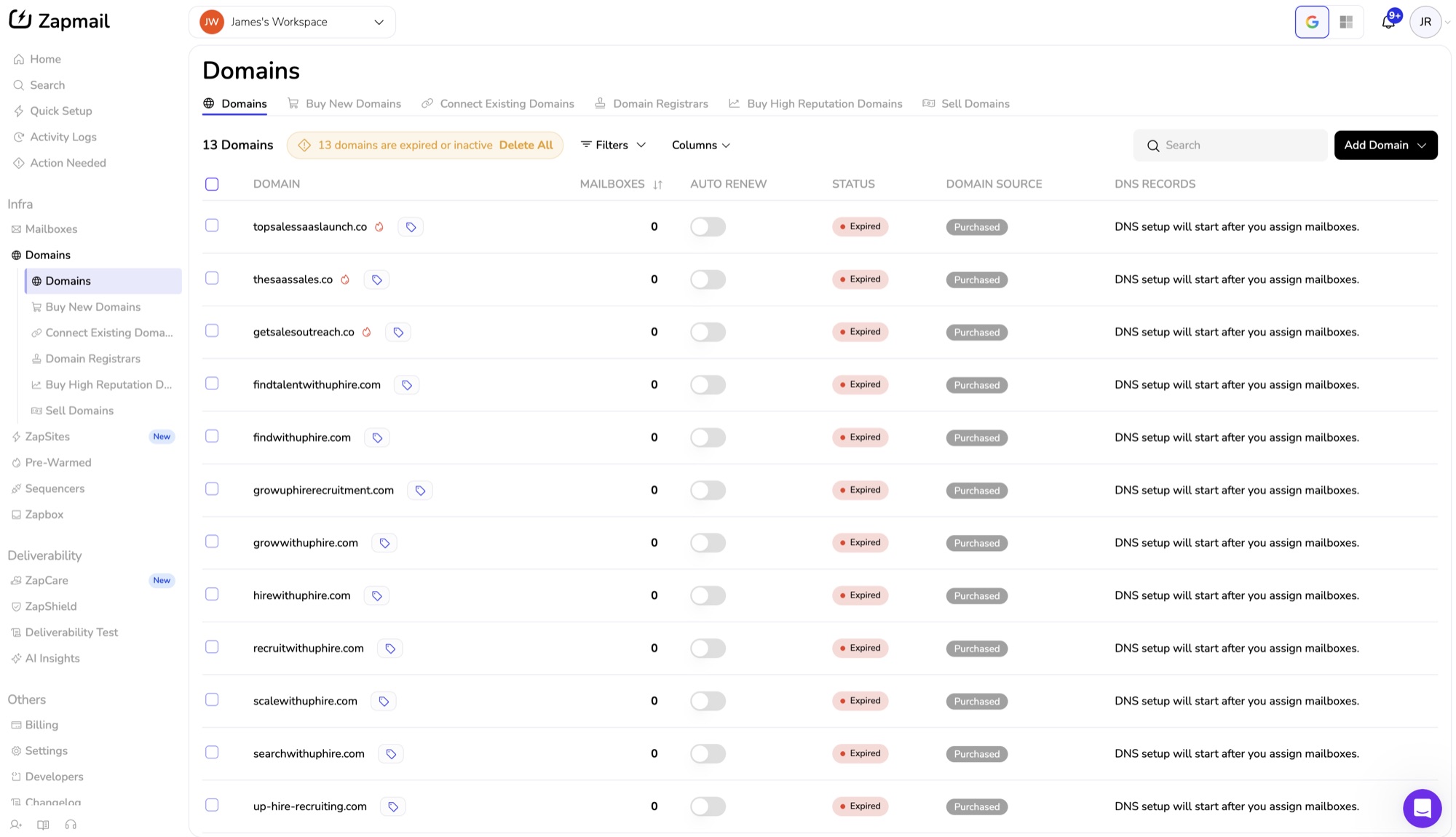 Zapmail domain dashboard listing purchased sending domains