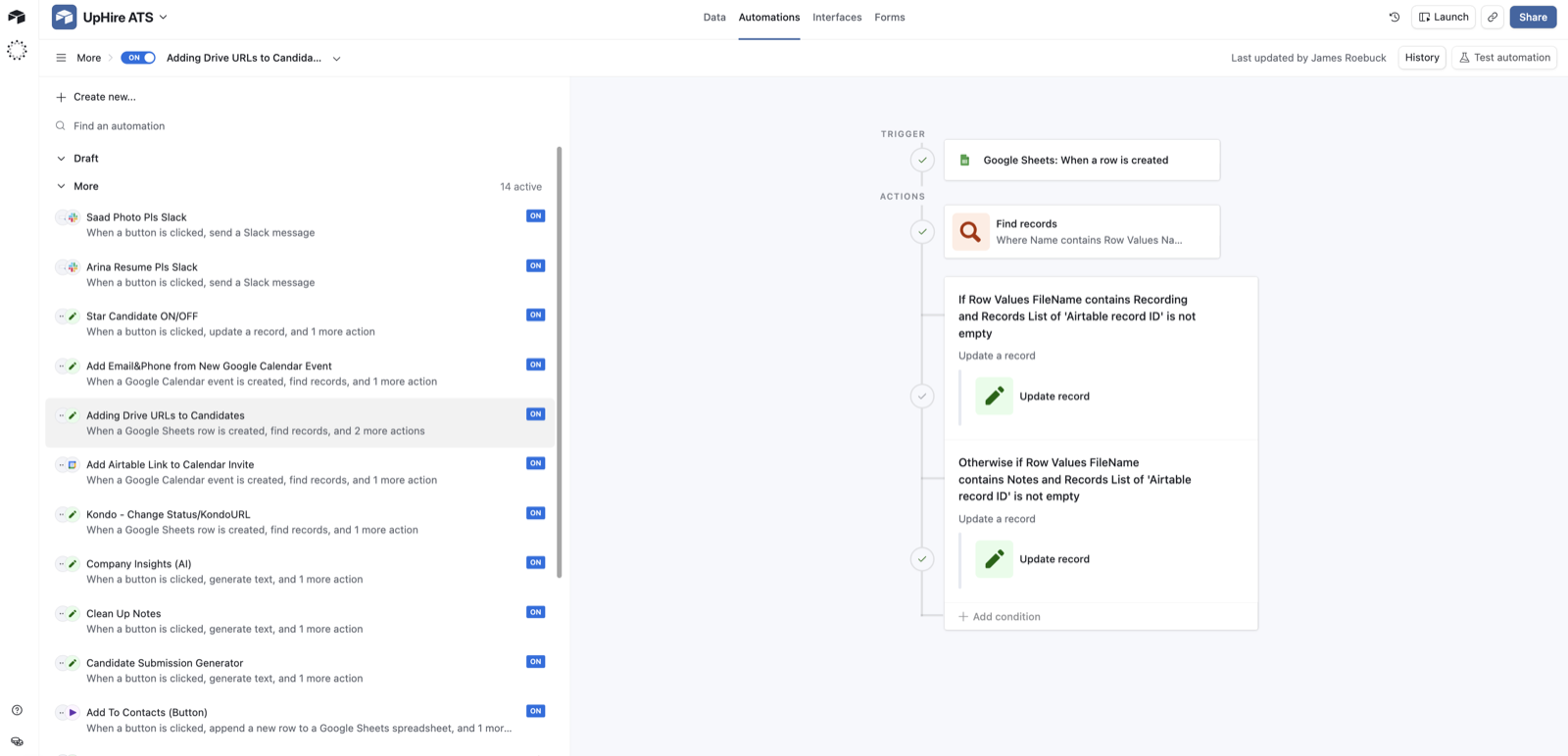 The Airtable automations panel for the UpHire ATS, showing 14 active automations in the sidebar and the branching logic of one automation on the right.